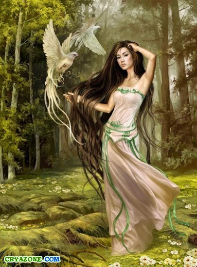 Девушка с птицами в лесу